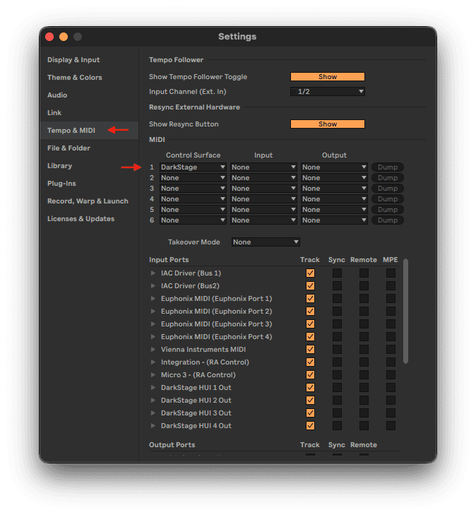 Ableton Live Link, Tempo and MIDI settings with DarkStage chosen as a Control Surface and Input and Output set to None