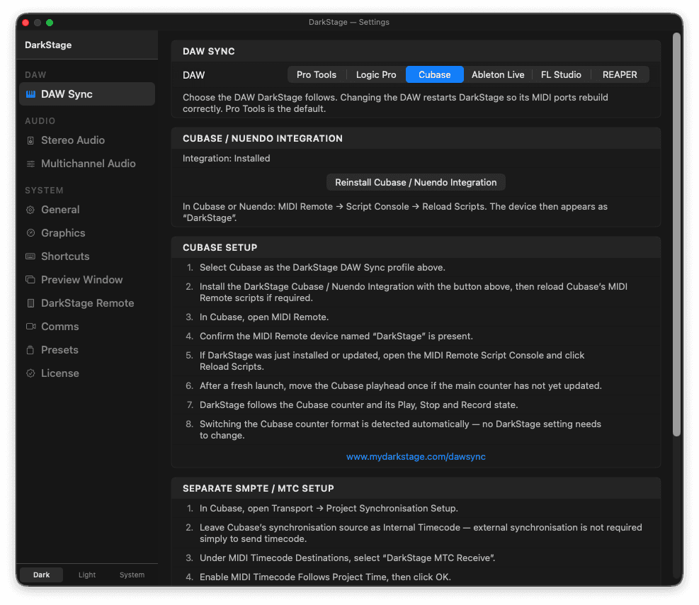 DarkStage DAW Sync settings with Cubase selected and the Cubase setup steps listed