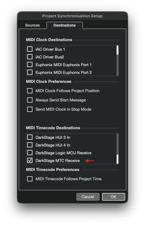 Cubase Project Synchronisation Setup with DarkStage MTC Receive as a MIDI Timecode destination