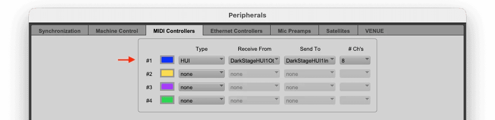 Pro Tools Peripherals MIDI Controllers tab with a HUI controller assigned to the DarkStage ports