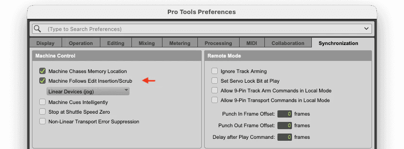 Pro Tools Preferences Synchronization page with Machine Follows Edit Insertion/Scrub enabled