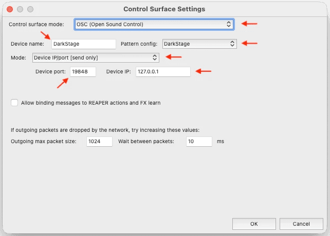 REAPER OSC settings with send-only mode, 127.0.0.1, port 19848 and the DarkStage pattern config