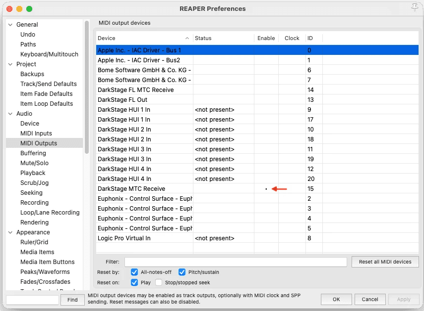 REAPER Preferences MIDI Devices with DarkStage MTC Receive enabled as an output