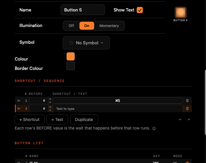 Edit Button: name, illumination, symbol, colours and a Shortcut / Sequence list with a recorded ⌘S and a text step