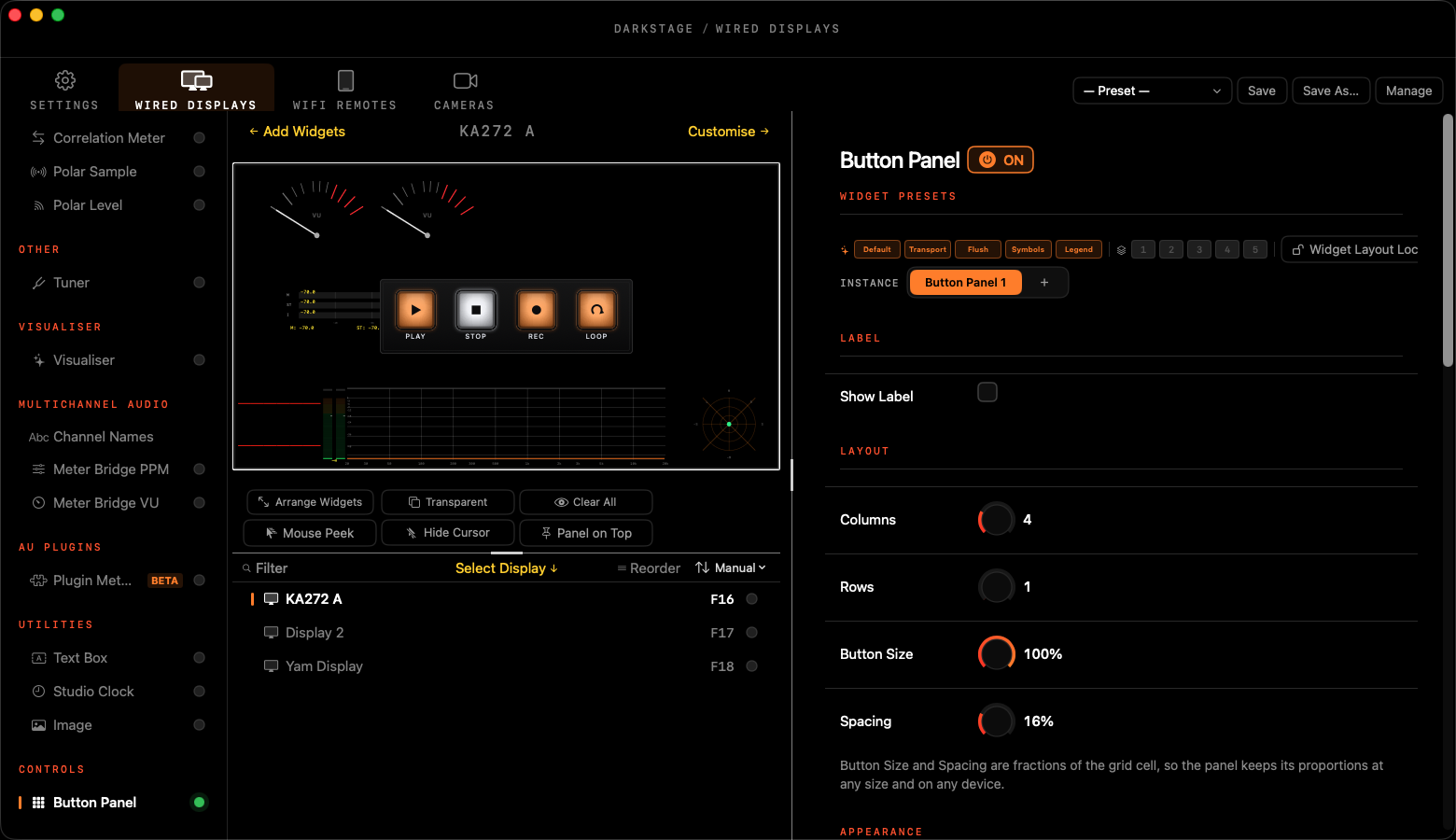 Button Panel selected in Wired Displays, showing the panel on the canvas and its settings