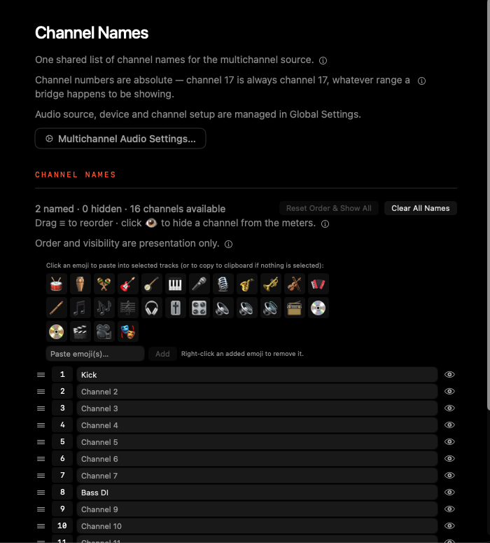 Channel Names editor with emoji palette and a numbered list of channels