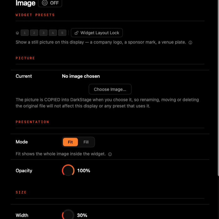 Image widget settings: Picture, Presentation and Size