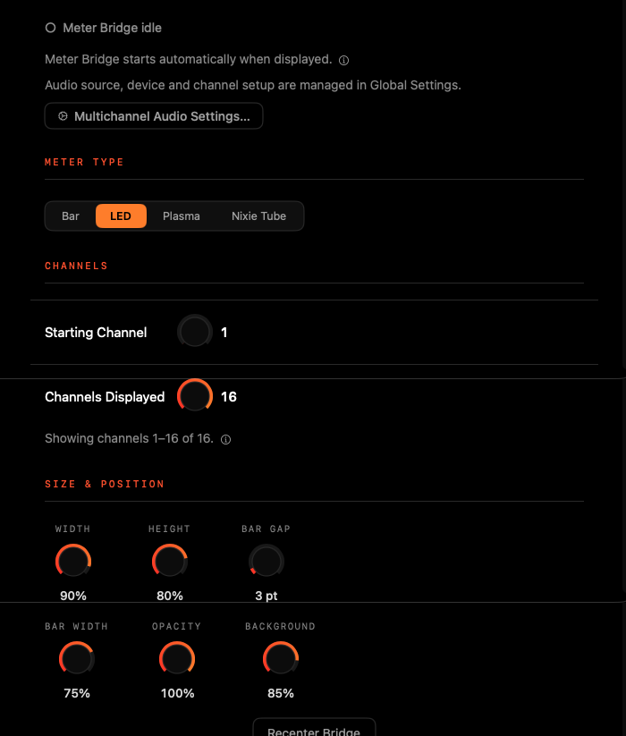 Meter Bridge PPM settings: meter type, starting channel and channels displayed