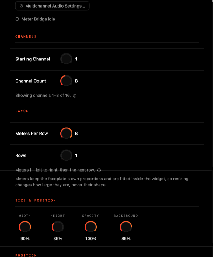 Meter Bridge VU settings: starting channel, channel count, meters per row and rows