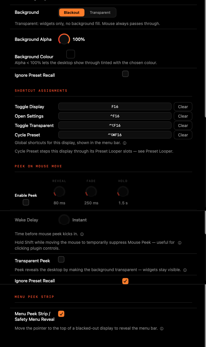 Overlay Options: Background, Shortcut Assignments, Peek on Mouse Move and Menu Peek Strip