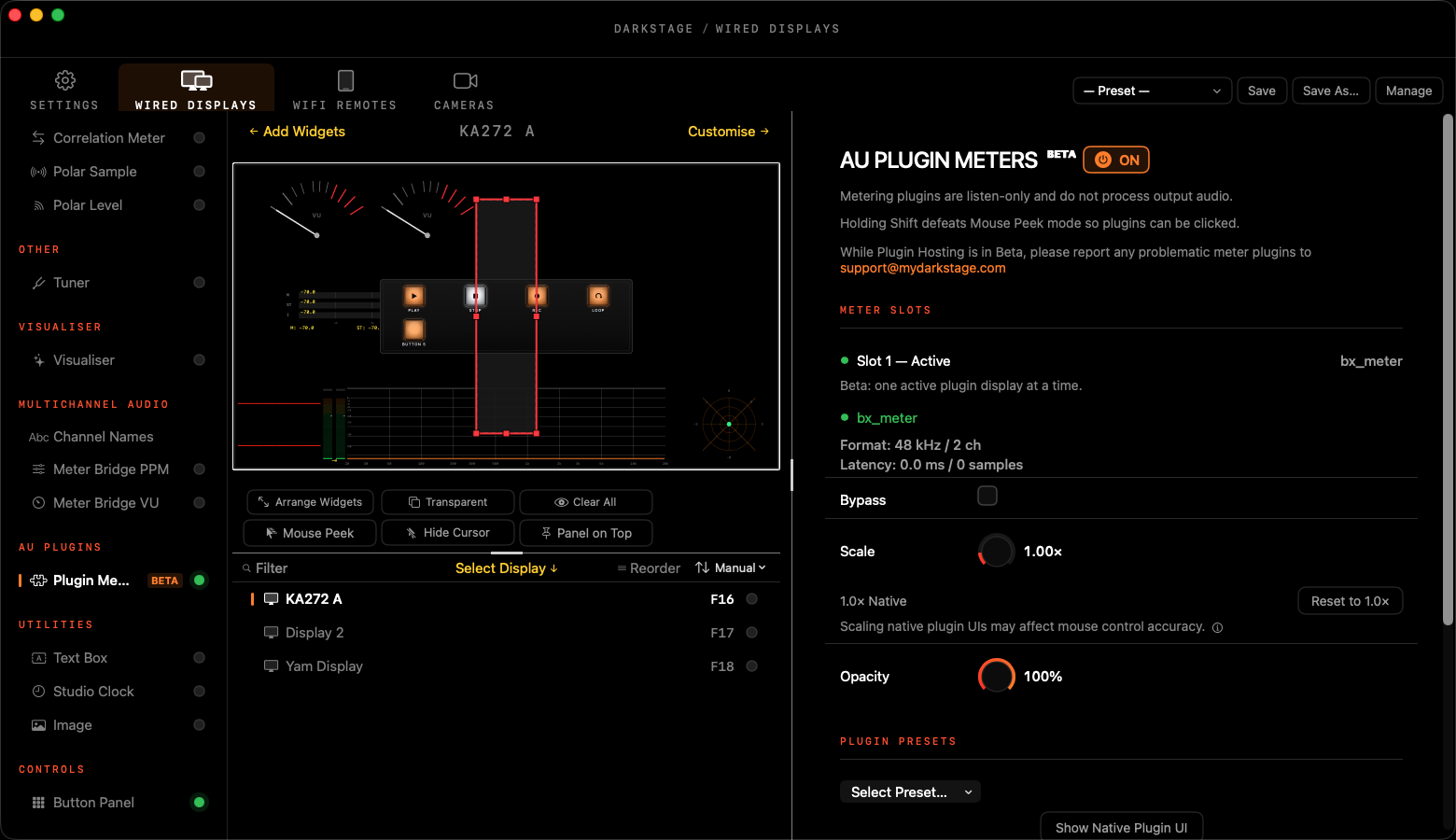Plugin Meters with bx_meter loaded: status, Bypass, Scale, Opacity and plugin presets