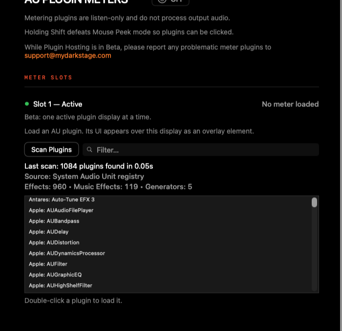 AU Plugin Meters page after Scan Plugins, listing installed Audio Units