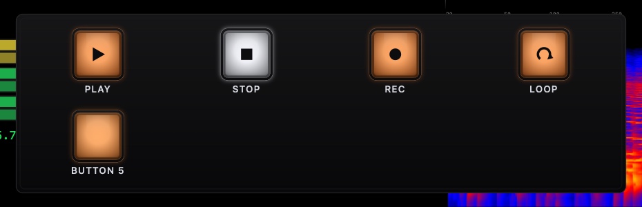 A Button Panel with Play, Stop, Record, Loop and a custom button on a blacked-out display