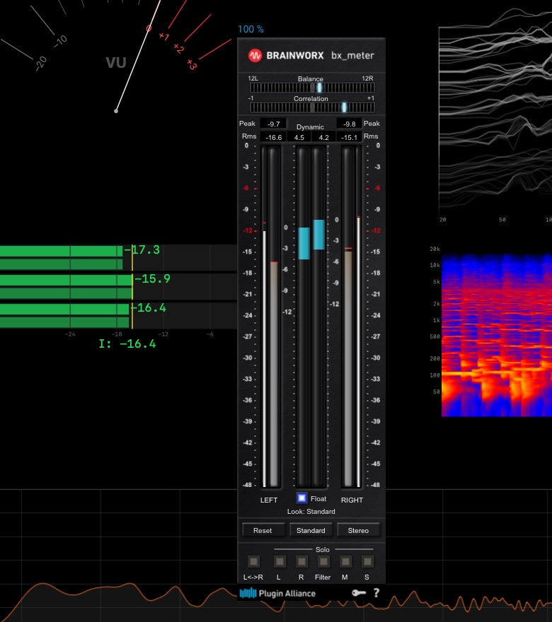 Brainworx bx_meter running live on a blacked-out display between DarkStage meters