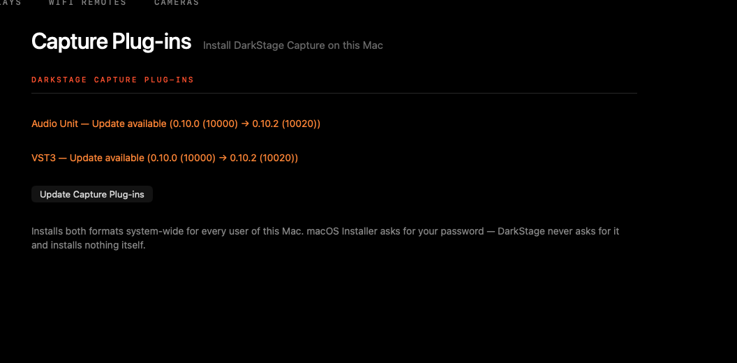 Capture Plug-ins page showing Audio Unit and VST3 status with an Update button