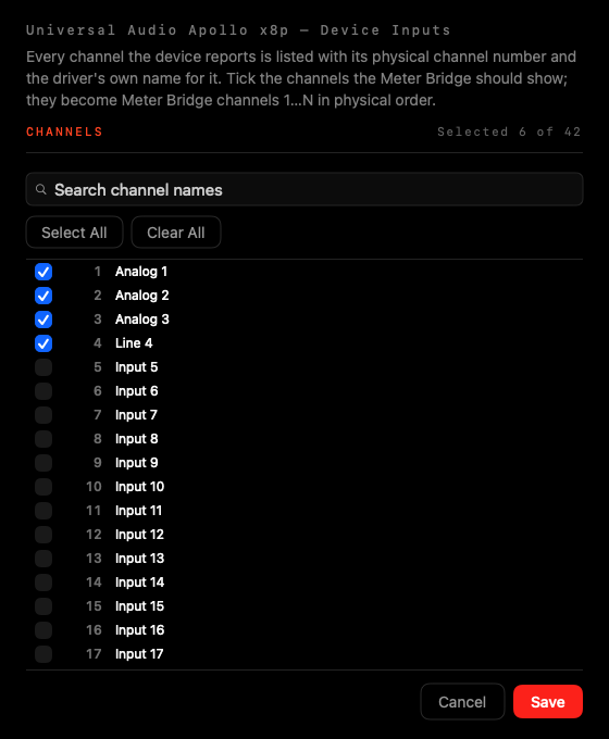 Choose Channels picker listing numbered device channels with driver names
