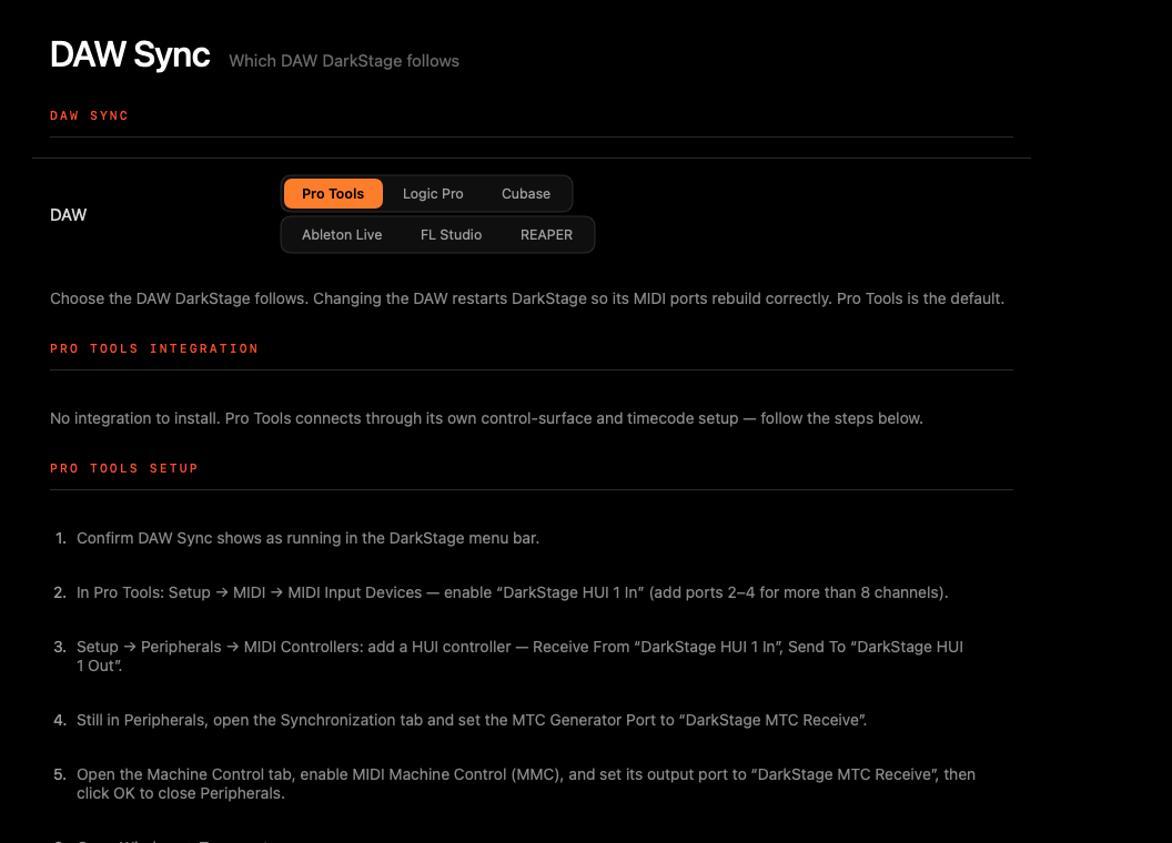 DAW Sync page with DAW picker and Pro Tools setup steps