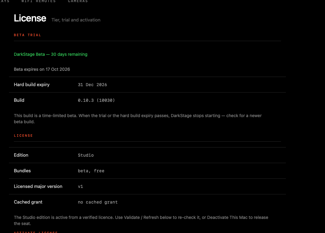 License page showing beta trial status, build expiry and edition