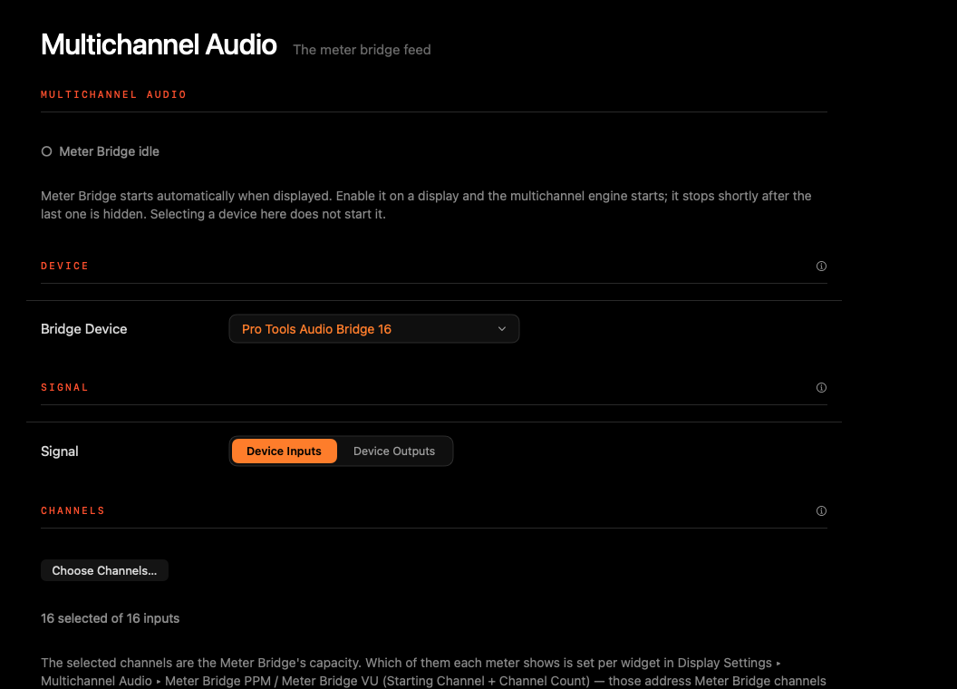 Multichannel Audio settings: bridge device, signal and channels