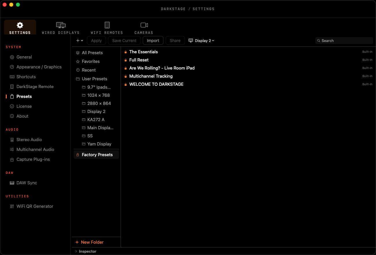 Preset Manager showing the Factory Presets folder