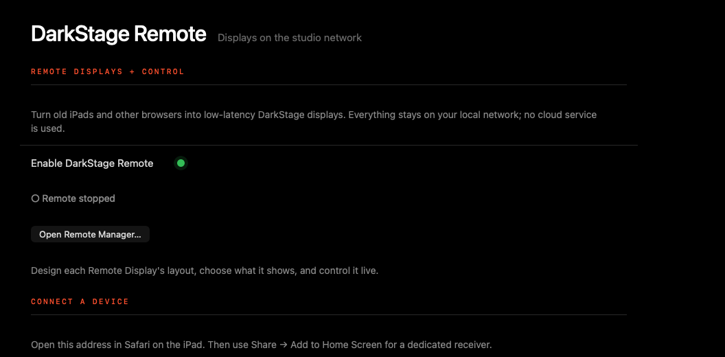 DarkStage Remote settings