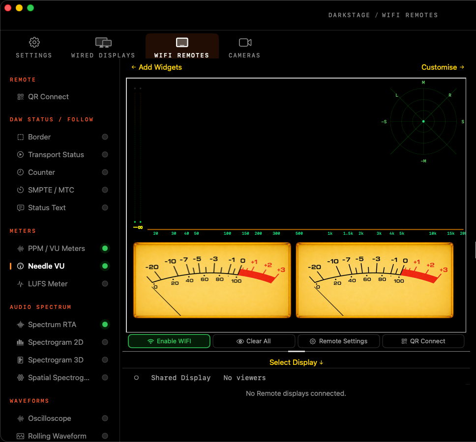 The WiFi Remotes tab: widget sidebar, remote canvas, quick actions, device list and inspector