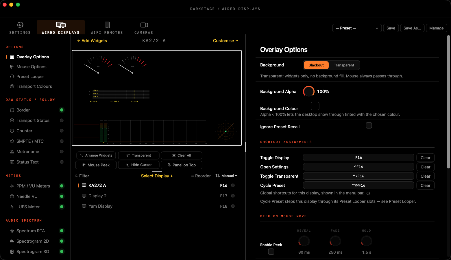 The Wired Displays tab: widget sidebar, live display canvas with quick actions and display list, and the settings column